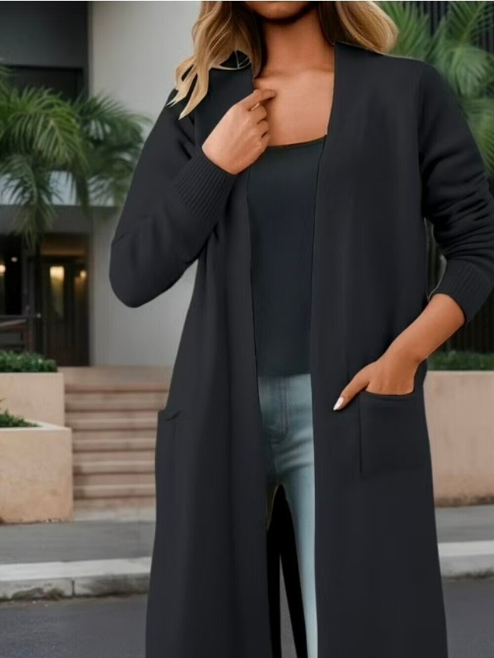 Black Long Line Cardigan Pockets Small